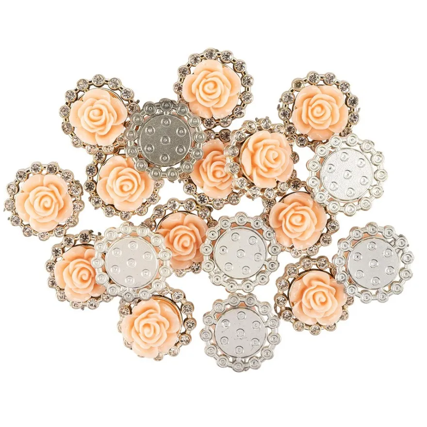 Premium-Schmucksteine, Rosenblüte 2, Ø 2cm, hellgold, mit Blüte in Lachs & Glaskristallen, 17 Stück