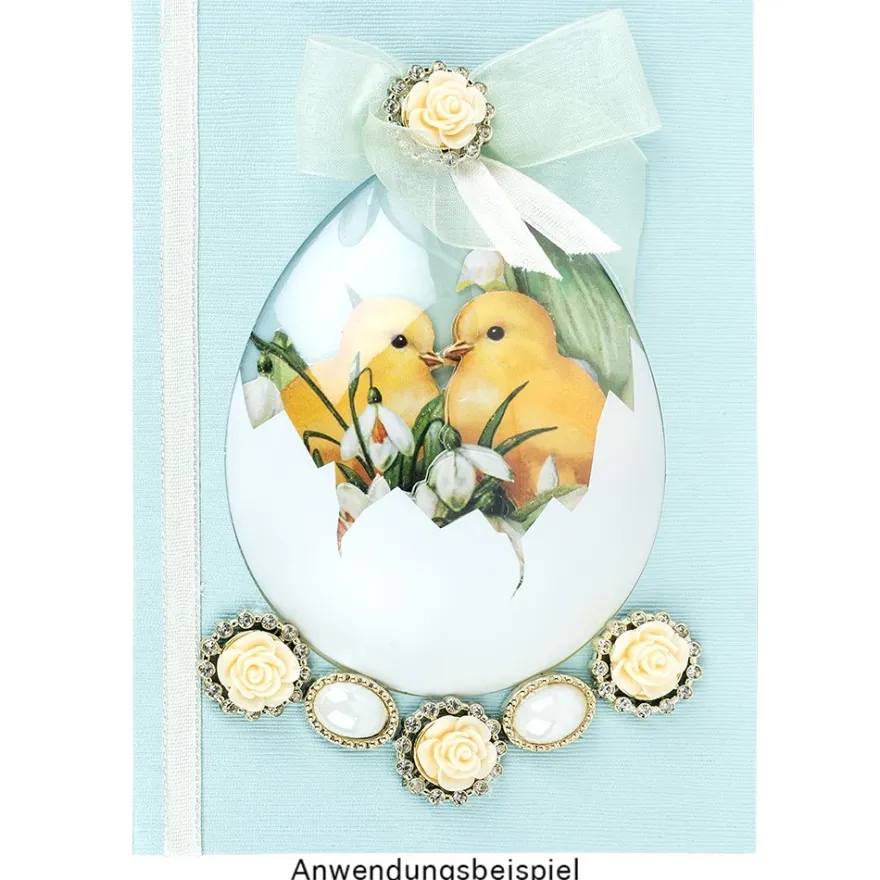 Premium-Schmucksteine, Rosenblüte 1, Ø 2cm, hellgold, mit Blüte in Creme & Glaskristallen, 17 Stück