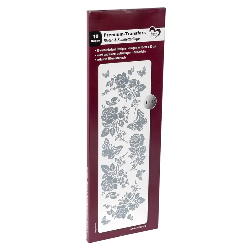 Premium-Transfers, Blüten & Schmetterlinge, 10cm x 30cm, Silberfolie, 10 Bogen