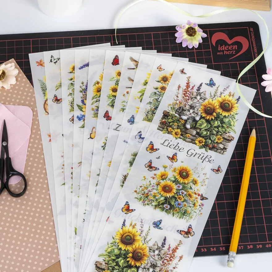 Premium-Transfers, Sonnenblumen & Wünsche, 10cm x 30cm, farbig, 10 Bogen