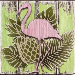 Relief-Sticker in Holz-Optik, Flamingo auf Holzpaneelen, 18 cm x 17,5 cm