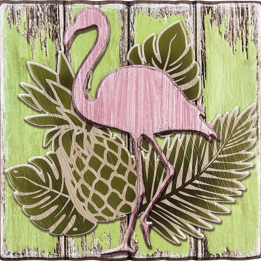 Relief-Sticker in Holz-Optik, Flamingo auf Holzpaneelen, 18 cm x 17,5 cm