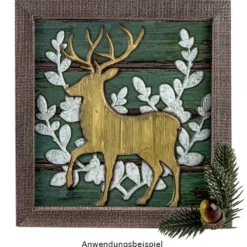 Relief-Sticker in Holz-Optik, Hirsch 1 auf Holzpaneelen, 18 cm x 17,5 cm