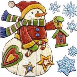 Relief-Sticker in Holzoptik, Schneemann mit Vogelhäuschen, 18cm x 17,5cm