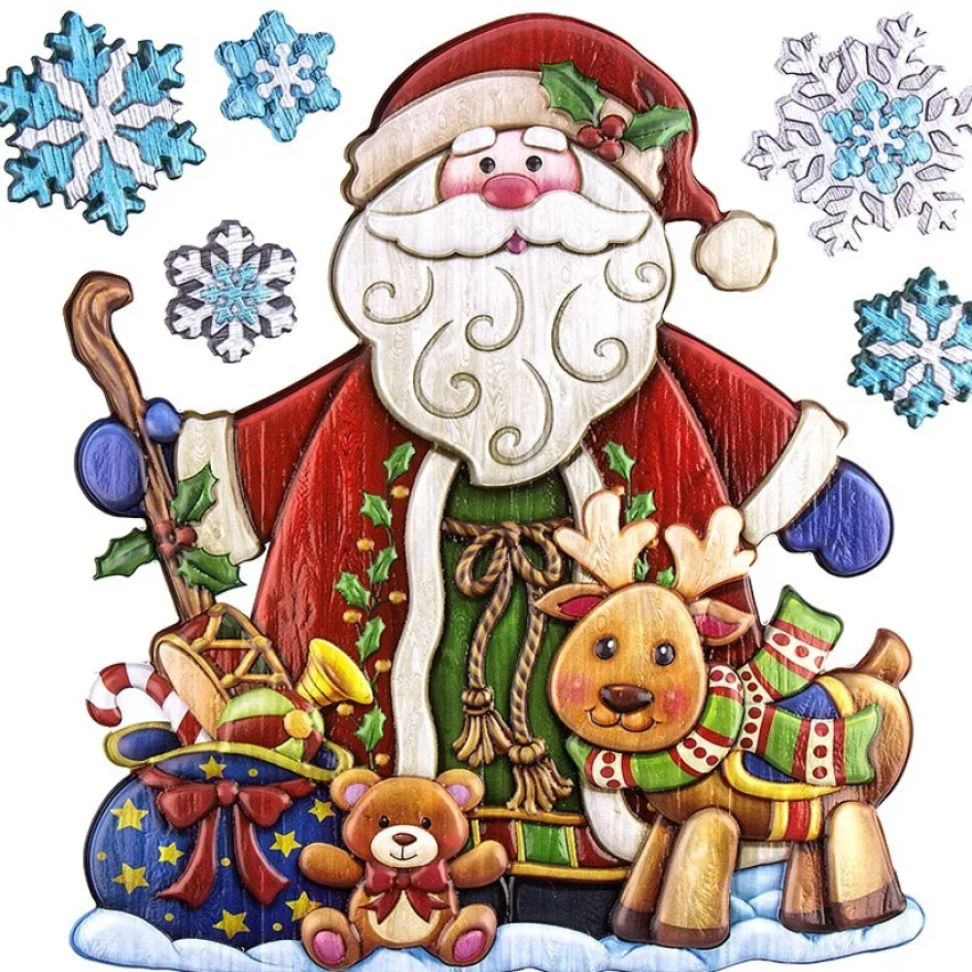 Relief-Sticker in Holzoptik, Weihnachtsmann mit Rentier, 18cm x 17,5cm