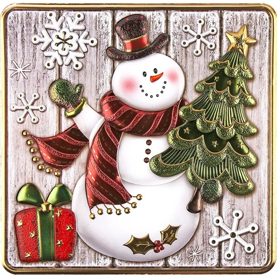 Relief-Sticker, Schneemann auf Holzpaneelen, Holz-& Metallic-Optik, 18cm x 17,5cm