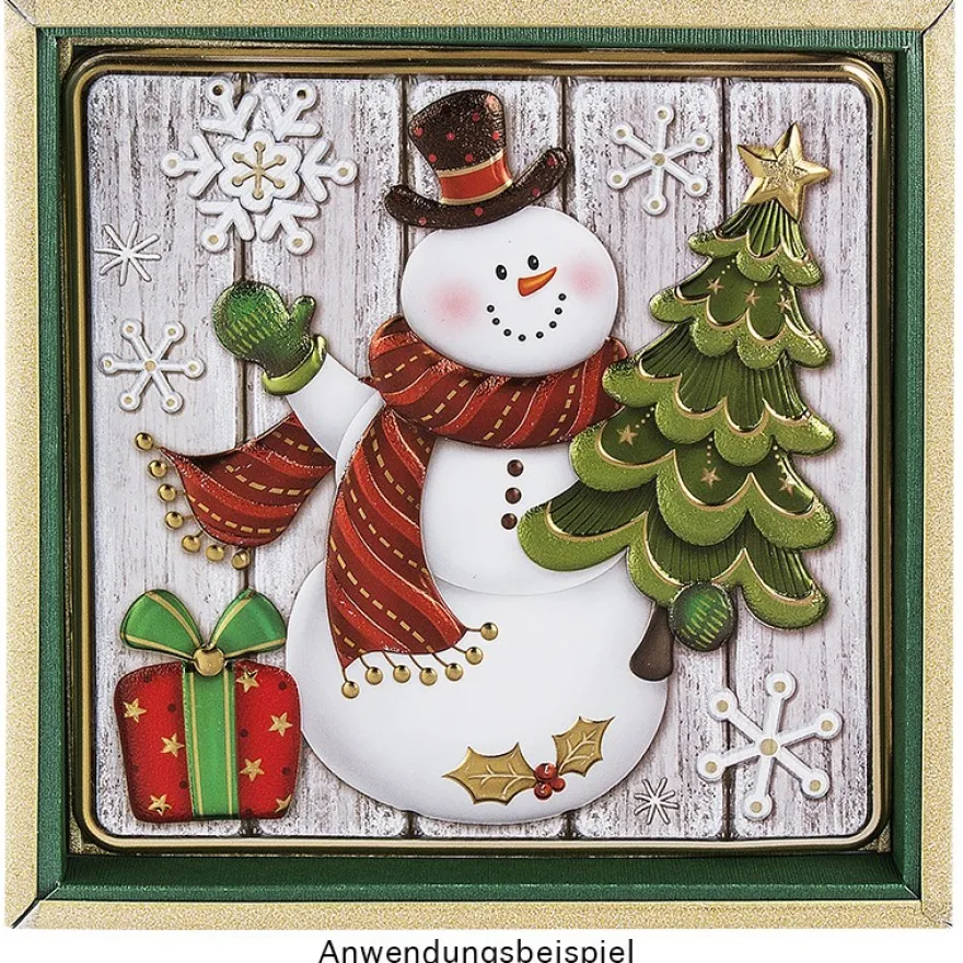 Relief-Sticker, Schneemann auf Holzpaneelen, Holz-& Metallic-Optik, 18cm x 17,5cm