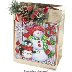 Relief-Sticker, Schneemann & Pinguin auf Holzpaneelen, Holz-& Metallic-Optik, 18cm x 17,5 cm