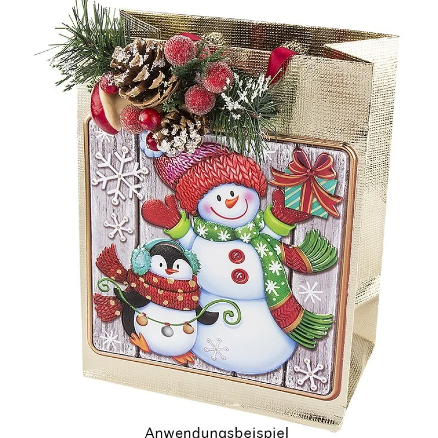 Relief-Sticker, Schneemann & Pinguin auf Holzpaneelen, Holz-& Metallic-Optik, 18cm x 17,5 cm