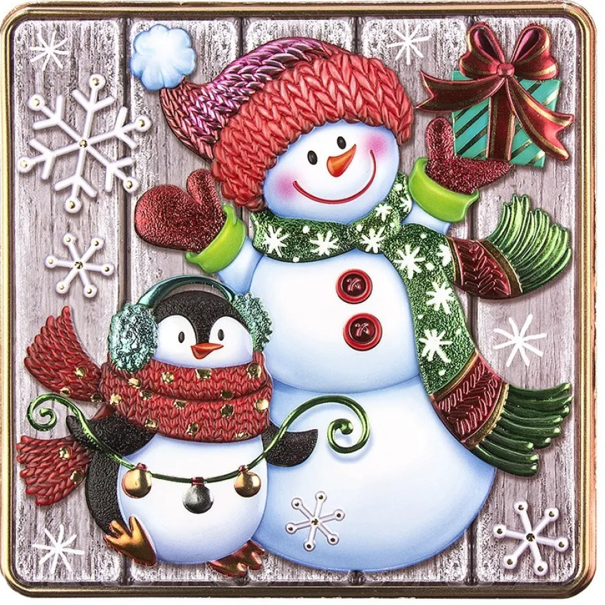 Relief-Sticker, Schneemann & Pinguin auf Holzpaneelen, Holz-& Metallic-Optik, 18cm x 17,5 cm
