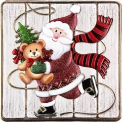 Relief-Sticker, Weihnachtsmann auf Holzpaneelen, Holz-& Metallic-Optik, 18cm x 17,5cm
