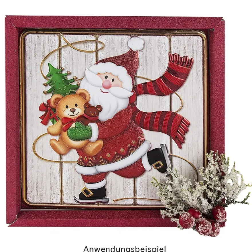 Relief-Sticker, Weihnachtsmann auf Holzpaneelen, Holz-& Metallic-Optik, 18cm x 17,5cm