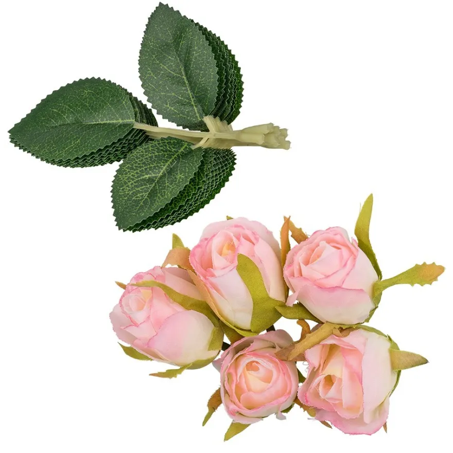 Rosenknospen mit Blättern, 5 Knospen in Creme-pink, 10 Blätterzweige in Grün, 15-teilig