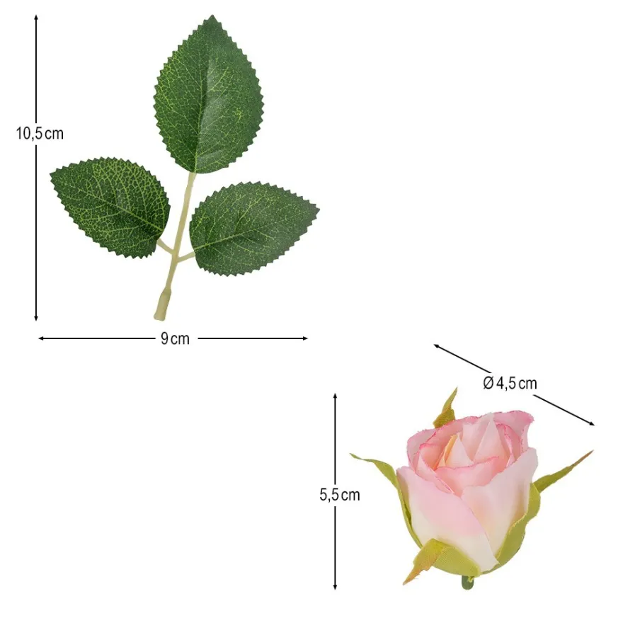 Rosenknospen mit Blättern, 5 Knospen in Creme-pink, 10 Blätterzweige in Grün, 15-teilig