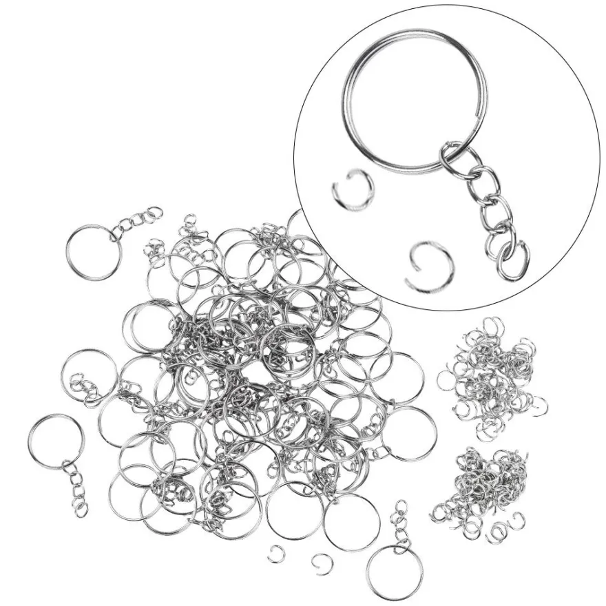 Schlüsselringe mit Kette, Ø2,5cm, 5cm lang, inkl. Spaltringe & Verbindungsringe, 180-teilig
