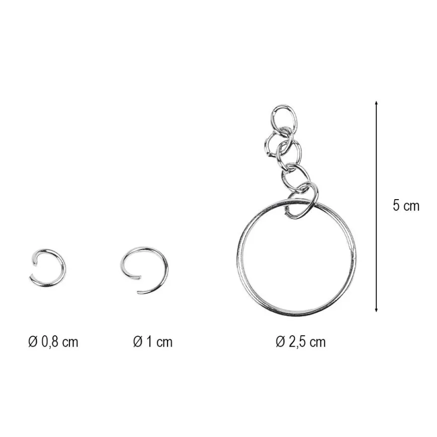 Schlüsselringe mit Kette, Ø2,5cm, 5cm lang, inkl. Spaltringe & Verbindungsringe, 180-teilig