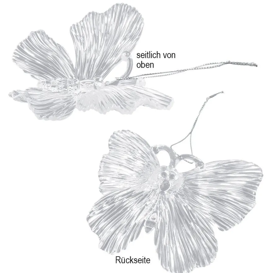 Schmetterlinge aus Acryl, 11,2cm x 9,8cm x 3,5cm, transparent, zum Aufhängen, inkl. Band, 3 Stück