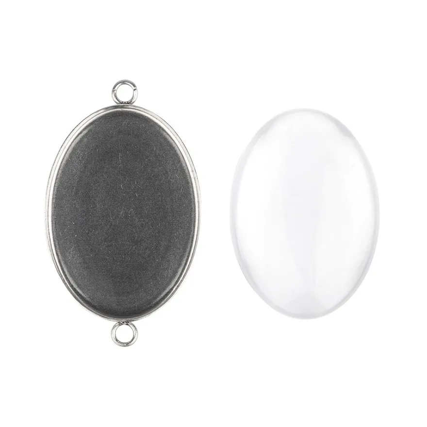 Schmuckanhänger & Cabochons, oval, mit 2 Ösen, 22mm x 30mm, mit passenden Cabochons, 5 StücK