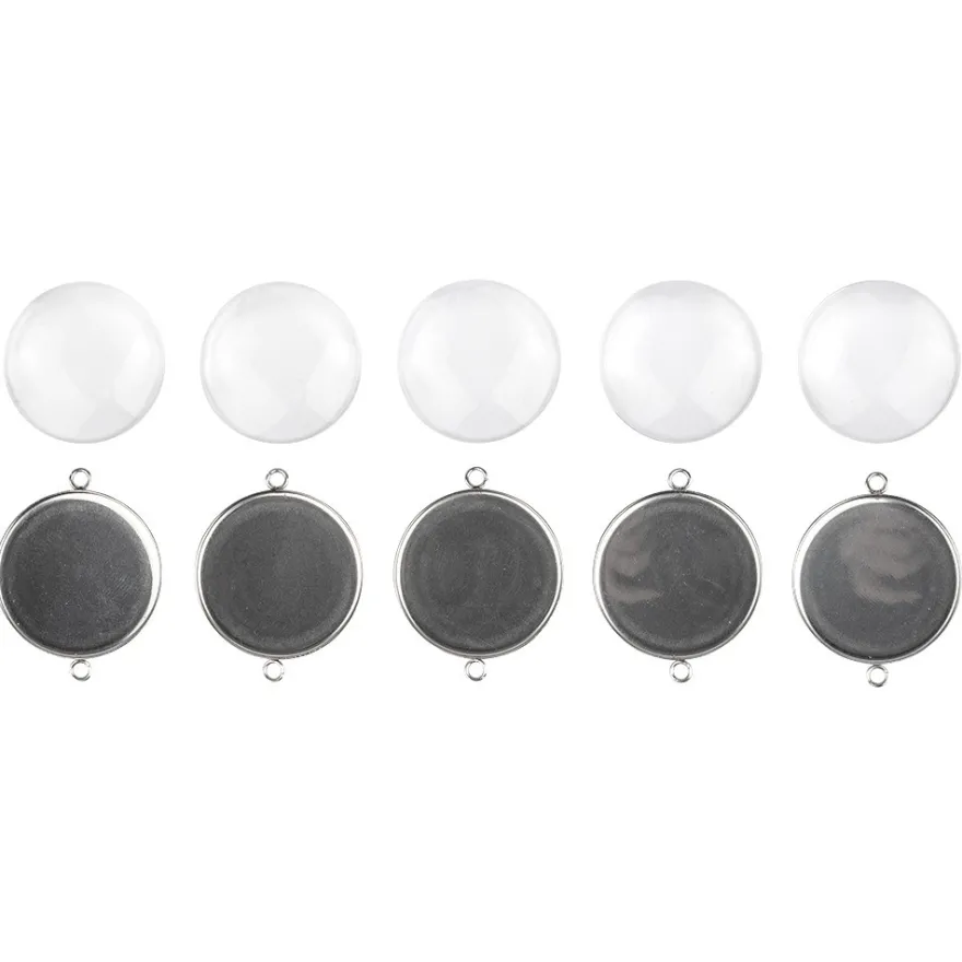 Schmuckanhänger & Cabochons, rund, mit 2 Ösen, Ø27mm, mit passendem Cabochons, Ø25mm, klar, 5 Stück