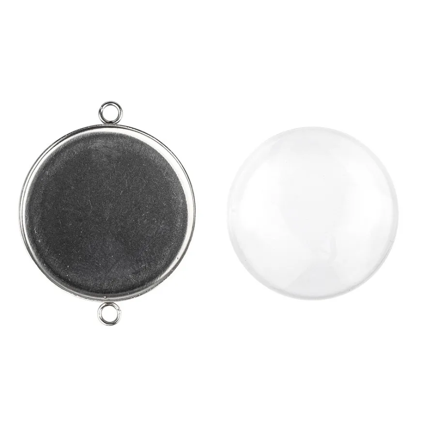 Schmuckanhänger & Cabochons, rund, mit 2 Ösen, Ø27mm, mit passendem Cabochons, Ø25mm, klar, 5 Stück