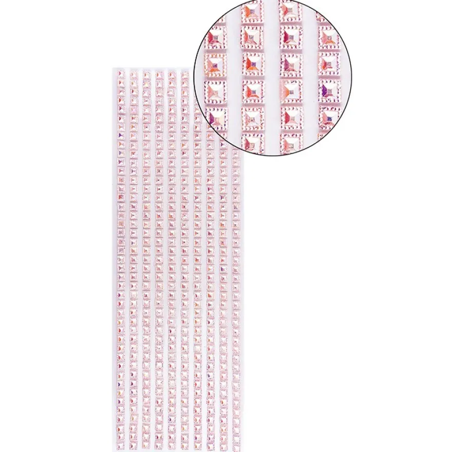 Schmuckstein-Bordüren, selbstklebend, facettiert, irisierend, Quadrate 6mm x 6mm, 29cm, rosa