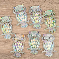 Schmucksteine, Eule, 3,4cm x 4,8cm, klar, irisierend, silberne Rückseite, 7 Stück
