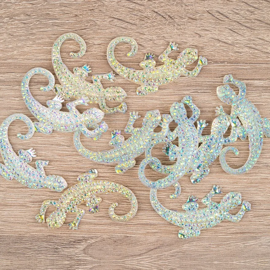 Schmucksteine, Gecko, 3,5cm x 5cm, klar, irisierend, silberne Rückseite, 10 Stück