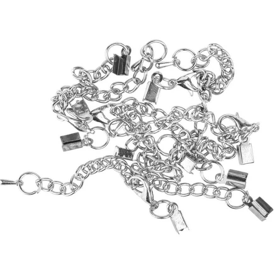 Schmuck-Verschlüsse, Kette mit Karabiner, 7cm, silber, 2 Quetsch-Verschlüsse, 5 Stück