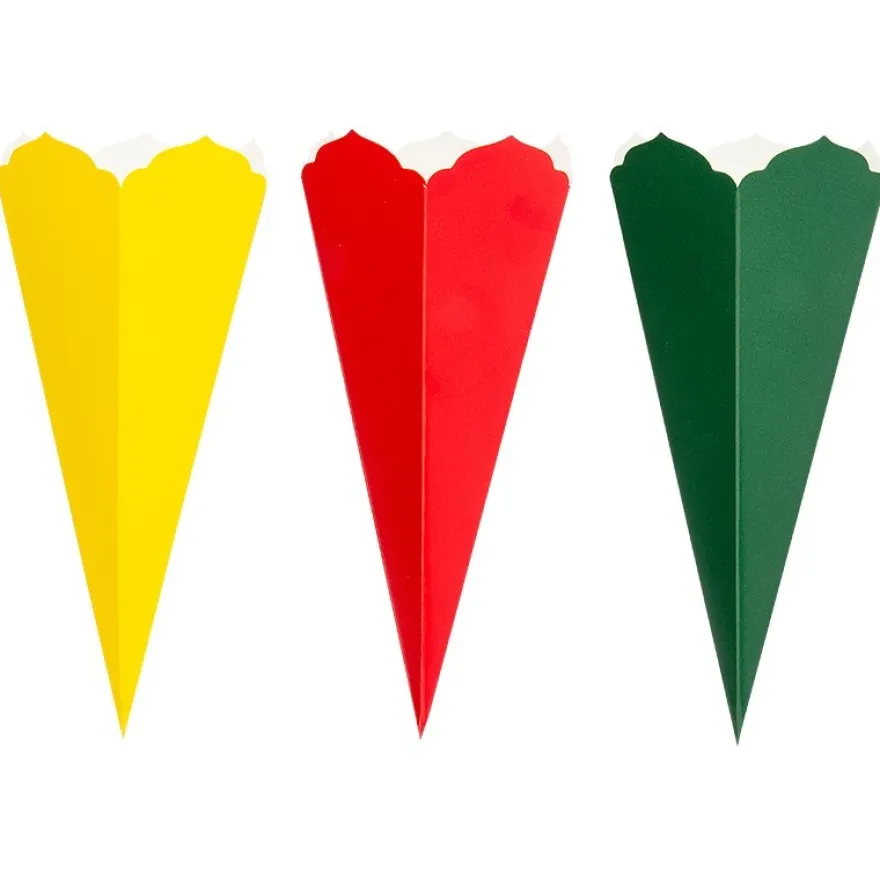 Schultüten, Zierkante, 32cm hoch, Ø 14cm, Deko-Karton, verschiedene Farben, 3 Stück