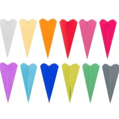 Schultüten, Zierkante, 14cm hoch, Ø 6cm, Spiegel-Karton, verschiedene Farben, 12 Stück