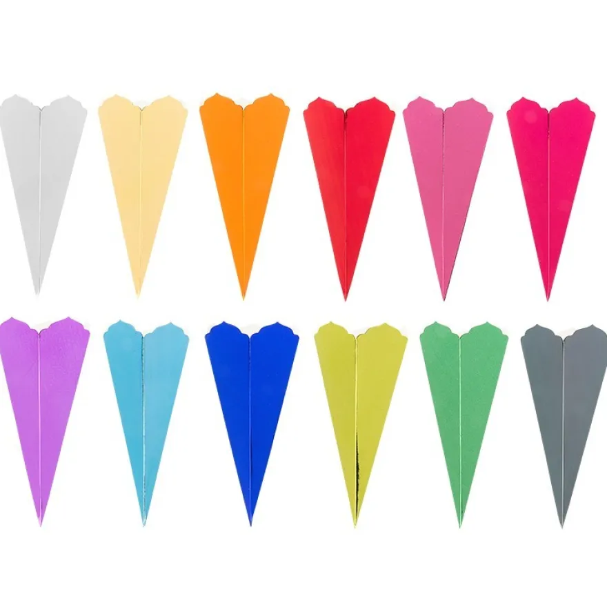 Schultüten, Zierkante, 14cm hoch, Ø 6cm, Spiegel-Karton, verschiedene Farben, 12 Stück