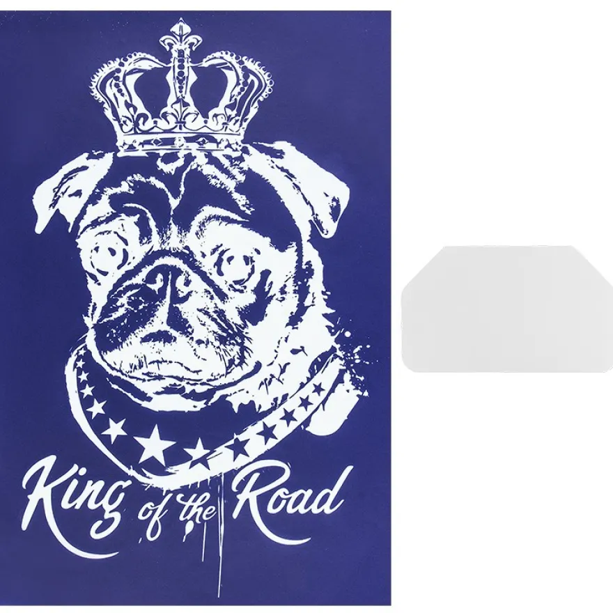 Siebdruckschablone Mops, King of the road, 32,5cm x 22,5cm, selbstklebend, inkl. Rakel
