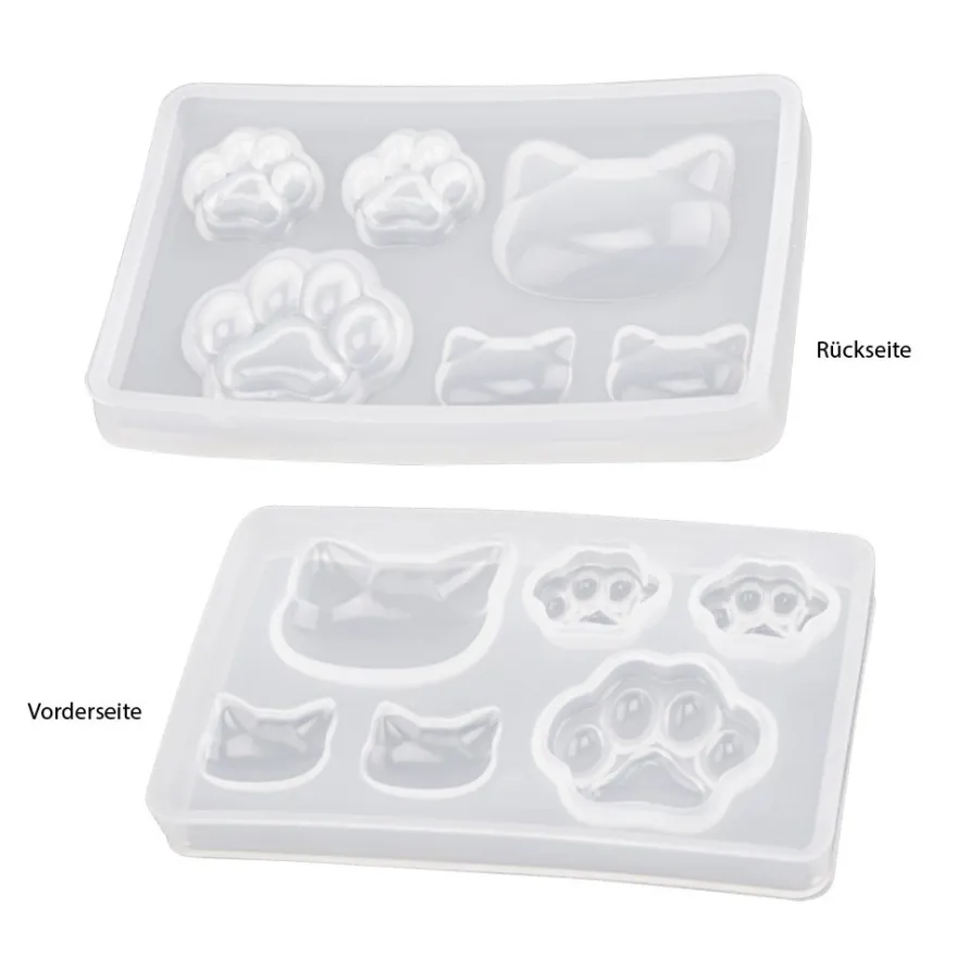 Silikonform, Katzenköpfe & Pfoten, 7,9cm x 0,8cm x 5cm, 6 Designs, lebensmittelecht