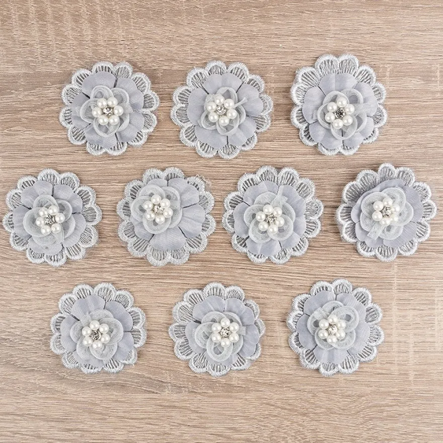 Spitzen-Blüten, mit Perlen, Ø 5cm, silbergrau, 10 Stück