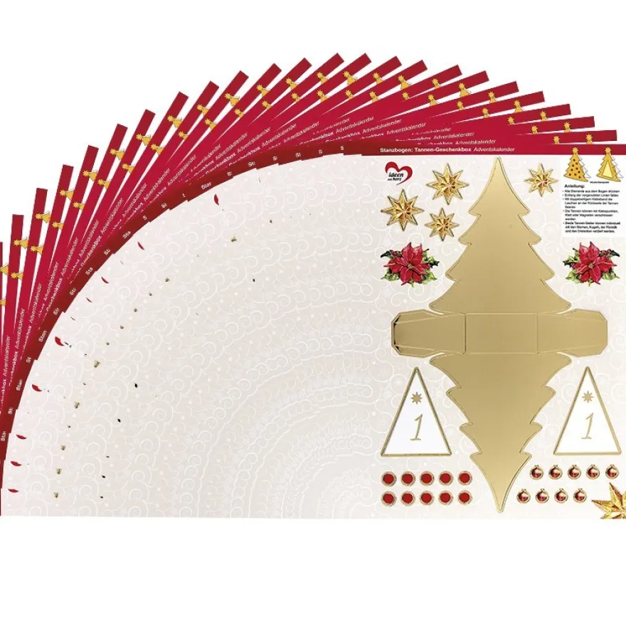 Stanzbogen Adventskalender, Tannen-Geschenkboxen, DIN A4, 24 Stück