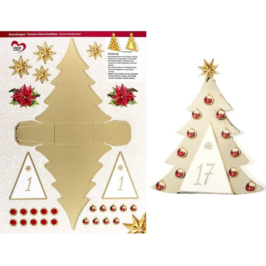 Stanzbogen Adventskalender, Tannen-Geschenkboxen, DIN A4, 24 Stück