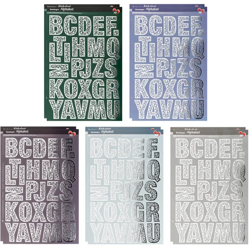 Stanzbogen, Alphabet, DIN A4, 5 verschiedene Farben, silberne Folienveredelung, 10 Bogen