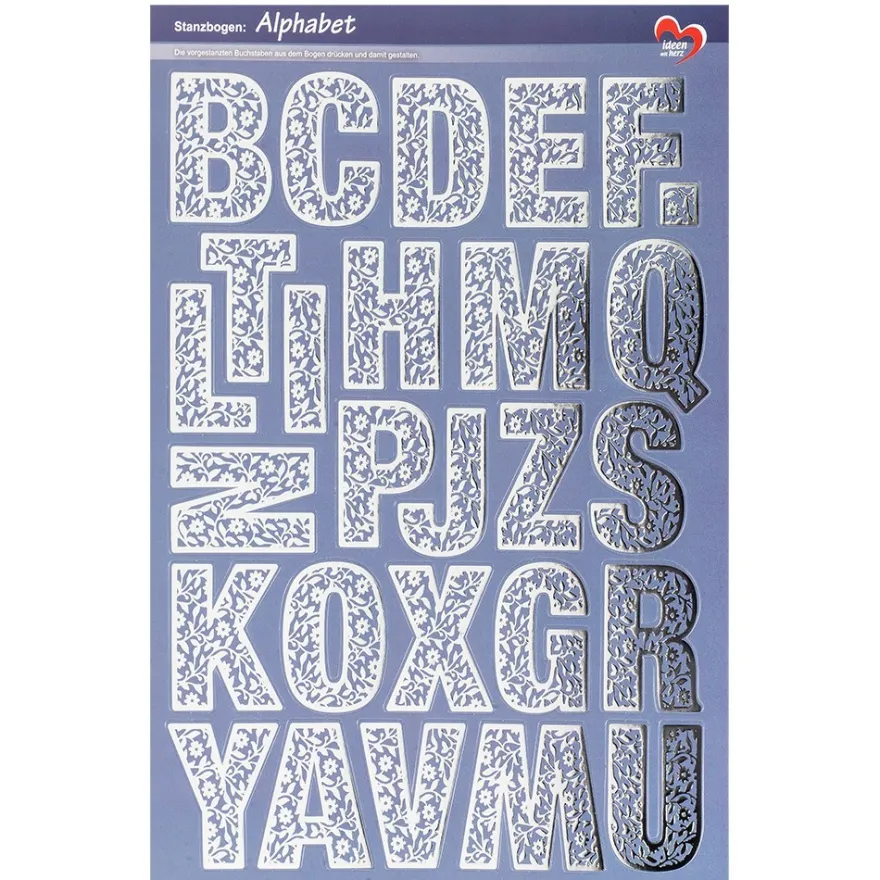 Stanzbogen, Alphabet, DIN A4, 5 verschiedene Farben, silberne Folienveredelung, 10 Bogen