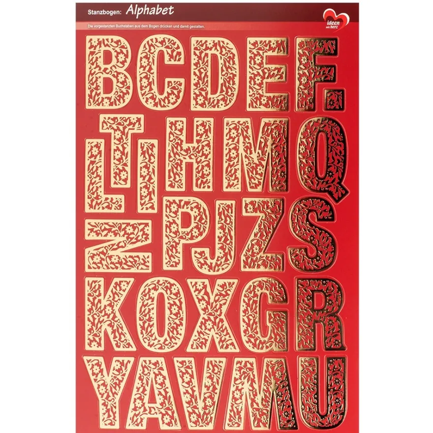 Stanzbogen, Alphabet, DIN A4, 5 verschiedene Farben, goldene Folienveredelung, 10 Bogen