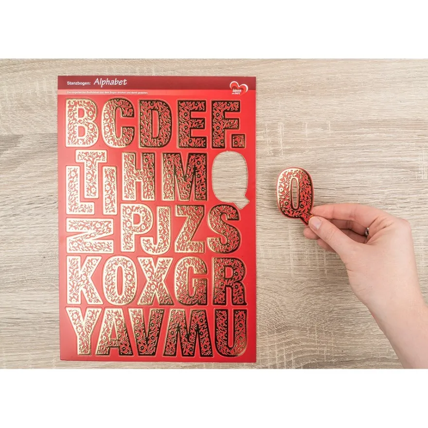 Stanzbogen, Alphabet, DIN A4, 5 verschiedene Farben, goldene Folienveredelung, 10 Bogen