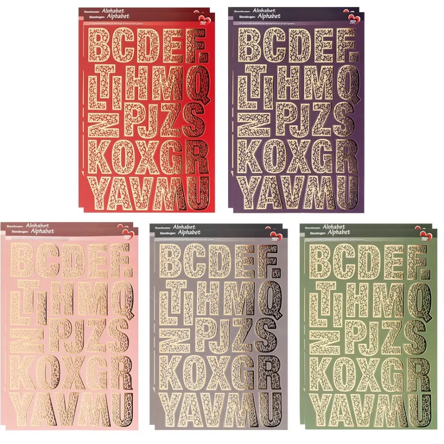 Stanzbogen, Alphabet, DIN A4, 5 verschiedene Farben, goldene Folienveredelung, 10 Bogen