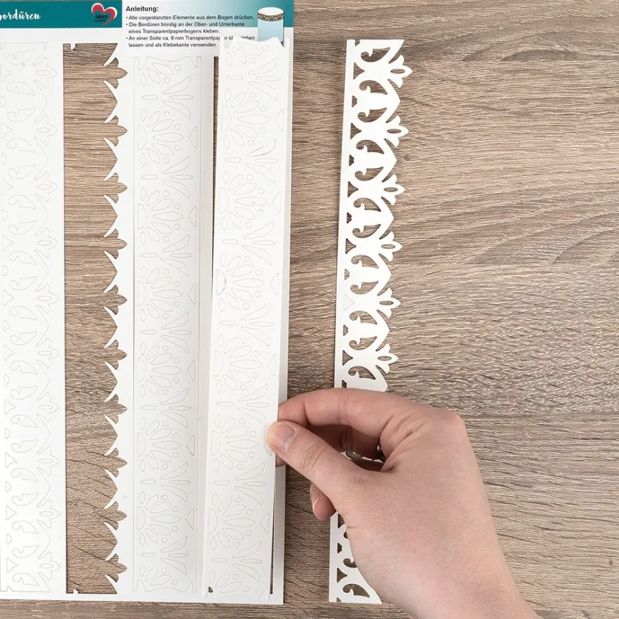 Stanzbogen, Bordüren, DIN A4, 300 g/m², 2 versch. Bogen, 5 versch. Veredelungen, 10 Bogen
