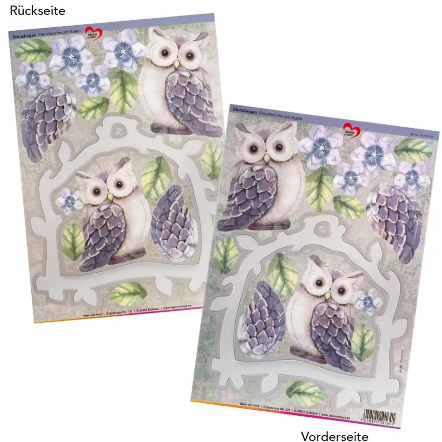 Stanzbogen, Fensterschmuck Eulen, DIN A4, 800g/m², 5 Farben, 5 Bogen