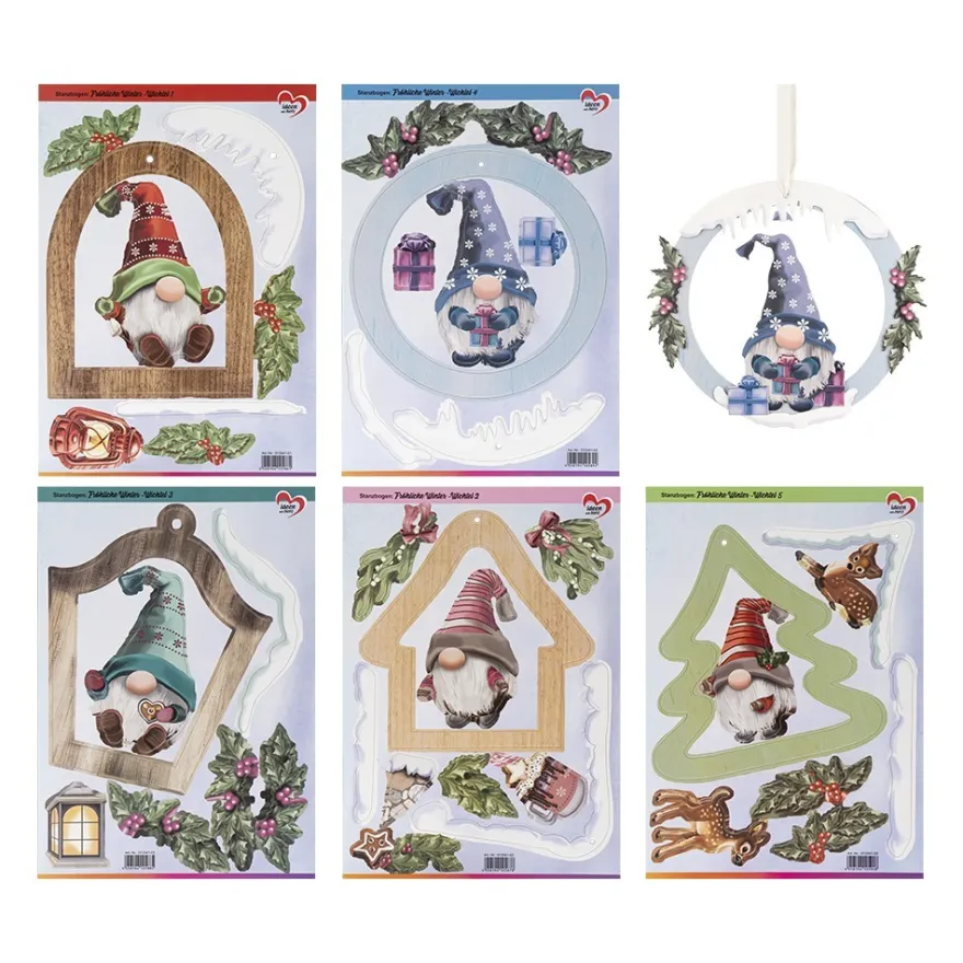Stanzbogen, Fröhliche Winter-Wichtel, DIN A4, 800g/m², 5 Designs, 5 Bogen