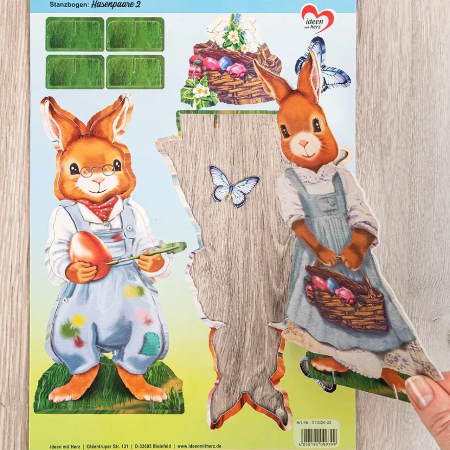 Stanzbogen, Hasenpaare, DIN A4, 800g/m², 5 Farben, 5 Bogen