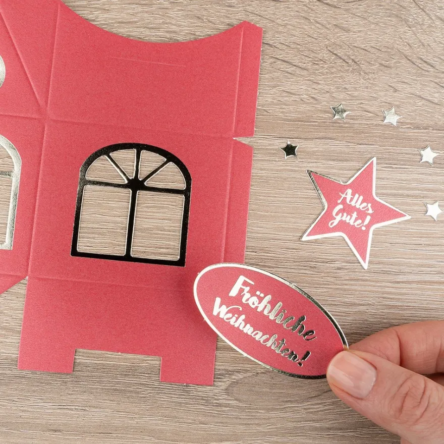 Stanzbogen, Haus-Box, DIN A4, 250 g/m², 3 verschiedene Farben, goldene Folienveredelung, 10 Bogen