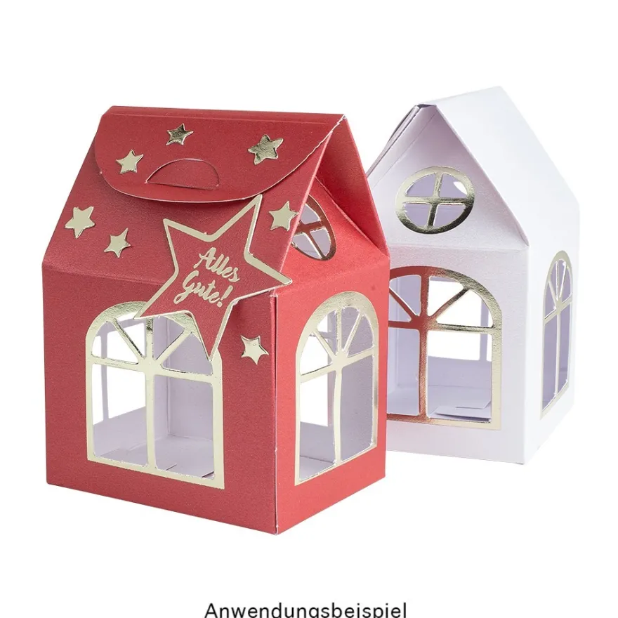 Stanzbogen, Haus-Box, DIN A4, 250 g/m², 3 verschiedene Farben, goldene Folienveredelung, 10 Bogen