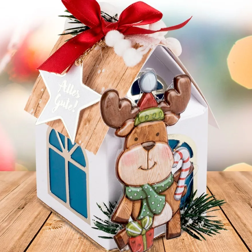 Stanzbogen, Haus-Box, DIN A4, 250 g/m², 3 verschiedene Farben, goldene Folienveredelung, 10 Bogen