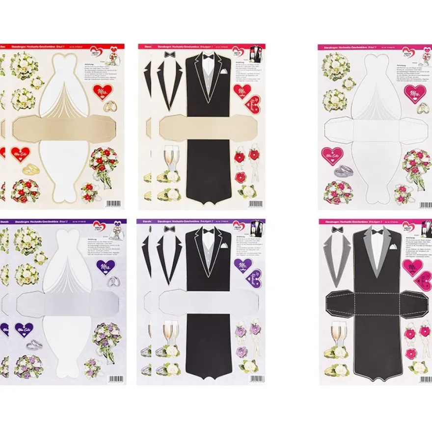 Stanzbogen, Hochzeits-Geschenkboxen, DIN A4, 6 verschiedene Designs, 10 Stück