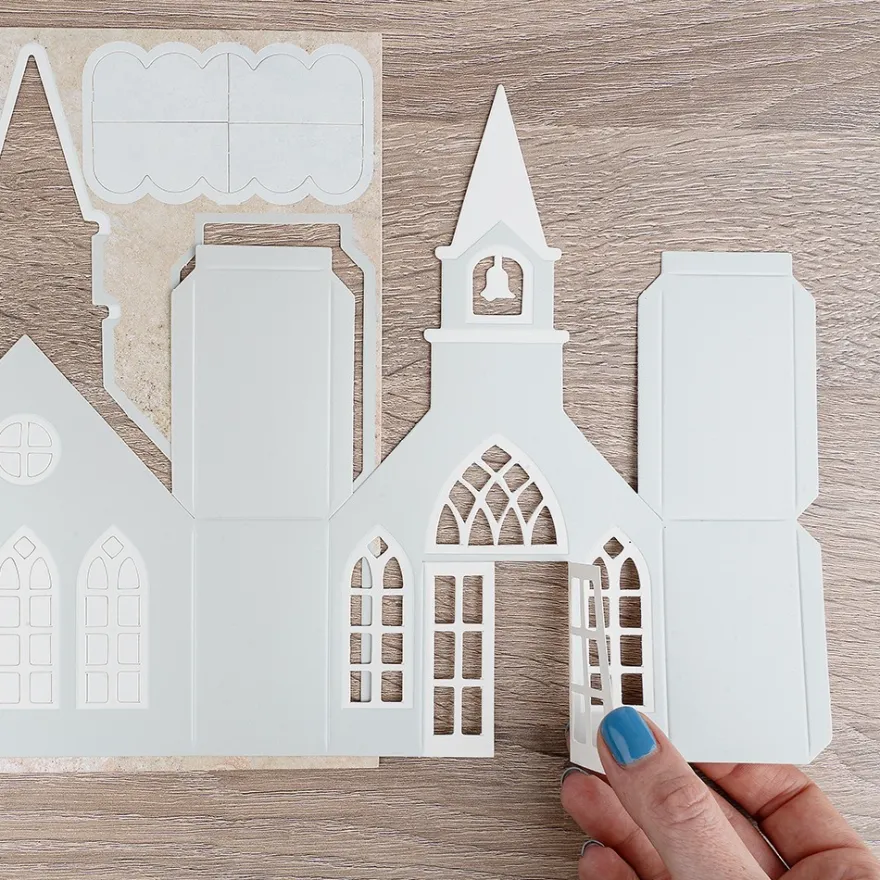 Stanzbogen, Kirche, DIN A4, 300 g/m², Perlmuttpapier, 4 versch. Veredelungen, 10 Bogen